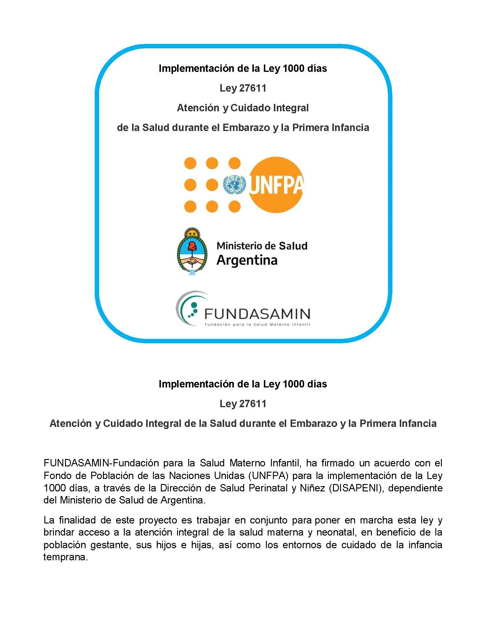 Difusi&oacute;n Implementaci&oacute;n de la Ley 1000 d&iacute;as